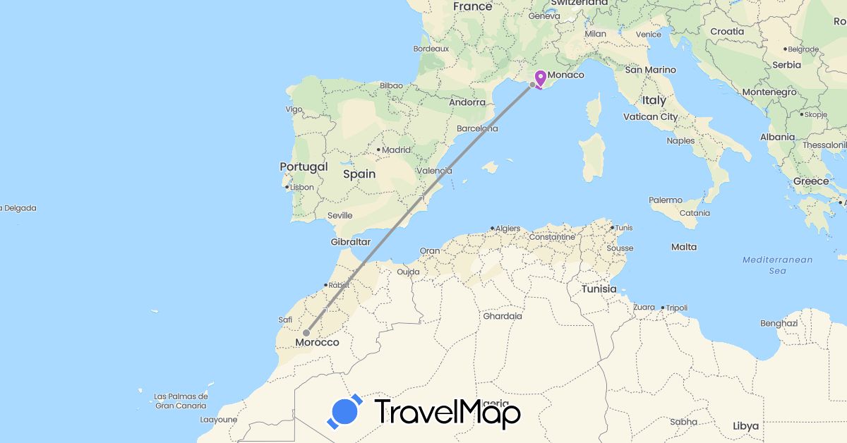 TravelMap itinerary: driving, plane, train in France, Morocco (Africa, Europe)